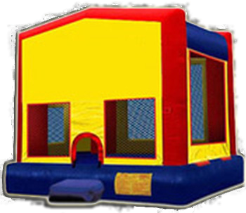A commercial modular inflatable bounce house rental featuring a classic square jumping castle structure, isolated on a transparent background. The heavy-duty structure includes a large blank yellow front panel designed for custom theme banners, solid blue corner pillars and base, red upper trim accents, large mesh safety viewing windows on all sides, an arched entry portal, and an attached blue safety step ramp.