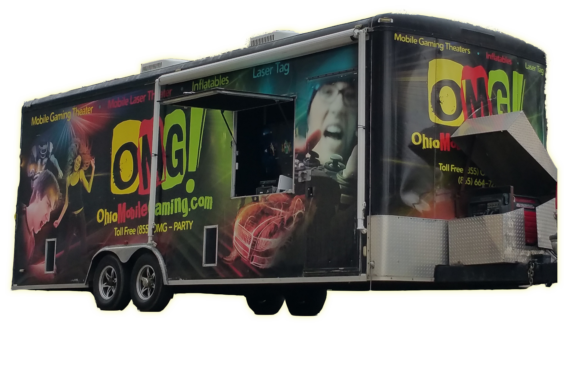 Ohio Mobile Gaming theater trailer on a transparent background, featuring full vehicle wrap branding with the "OMG!" logo, website URL, toll-free number (855) OMG-PARTY, and graphics for mobile laser tag and inflatables.